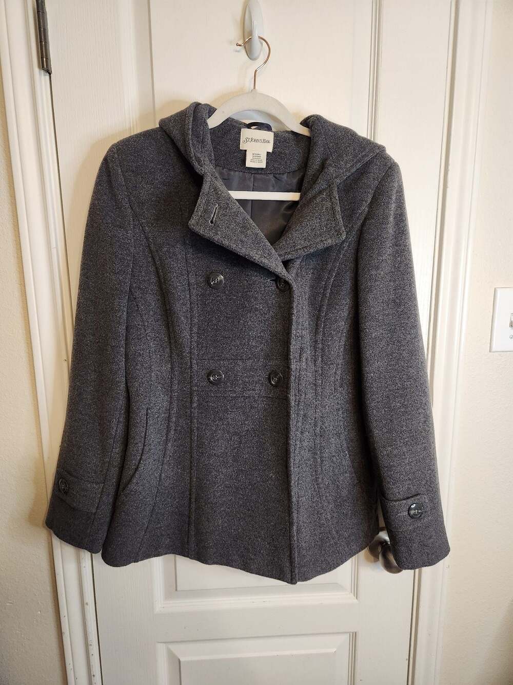 Women's Charcoal Grey Double-Breasted Hooded Wool Blend Pea Coat